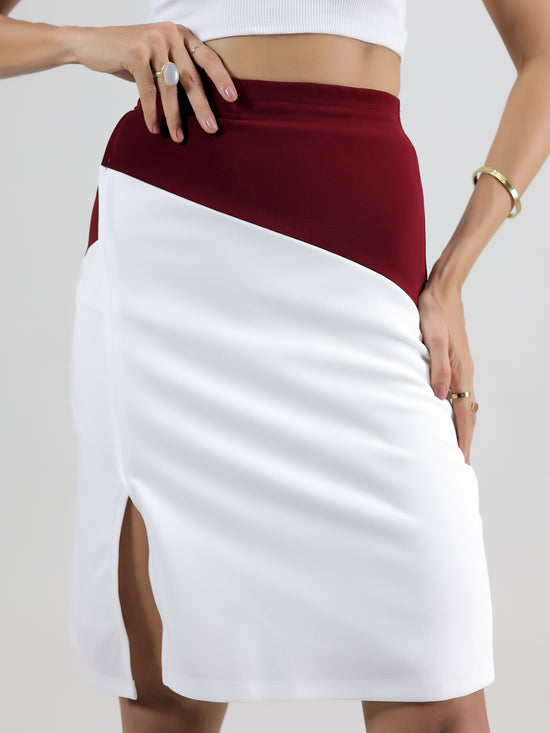 White Maroon Slit Skirt
