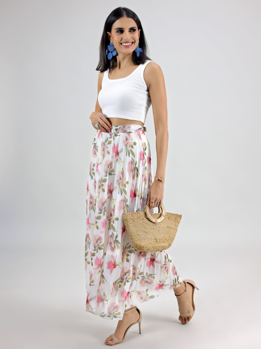 WHITE PRINTED PLATED SKIRT