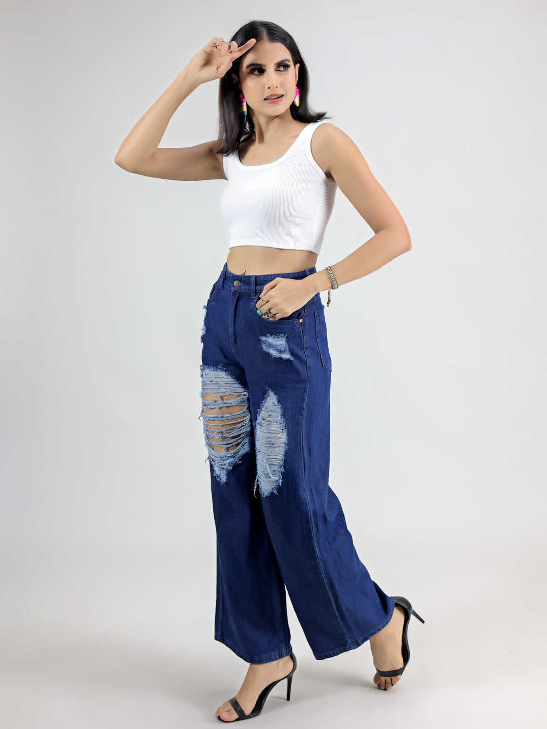 Blue Straight Fit Cut Out Ripped Denim Jeans