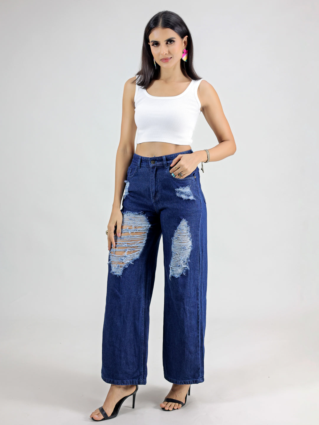Blue Straight Fit Cut Out Ripped Denim Jeans
