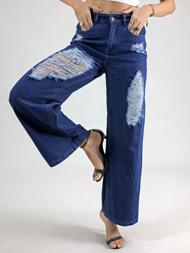 Blue Straight Fit Cut Out Ripped Denim Jeans Hover Image