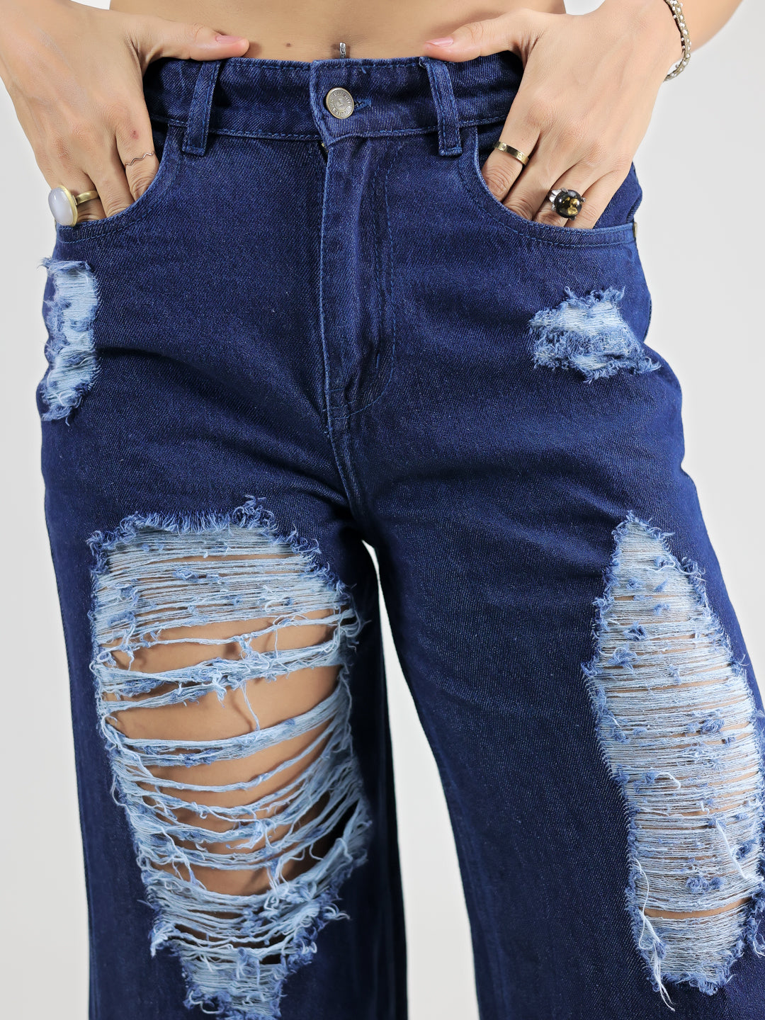 BLUE STRAIGHT FIT CUT OUT RIPPED DENIM JEANS