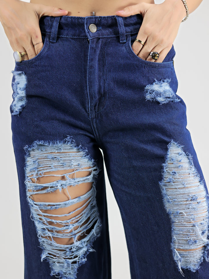 Blue Straight Fit Cut Out Ripped Denim Jeans