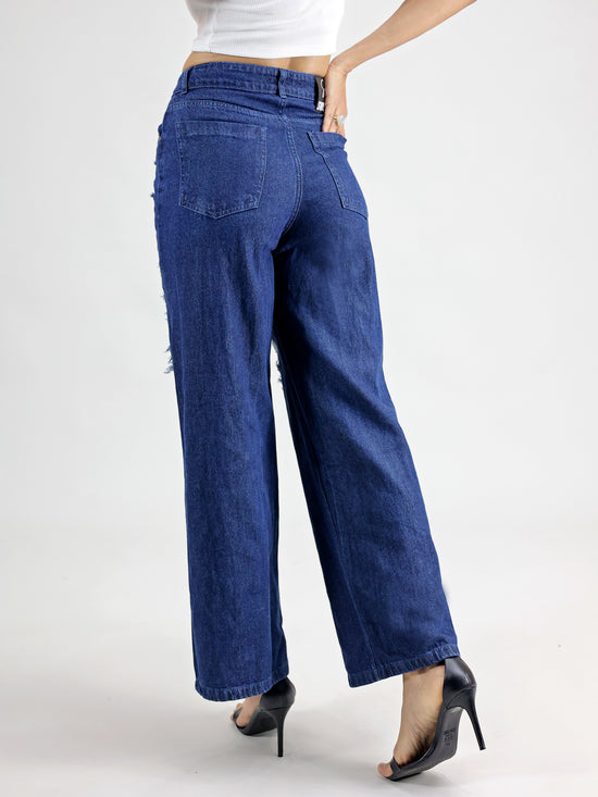 Blue Straight Fit Cut Out Ripped Denim Jeans