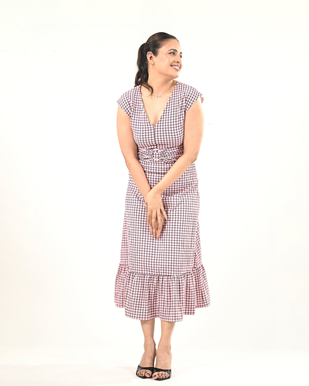 Blush Check Midi Dress