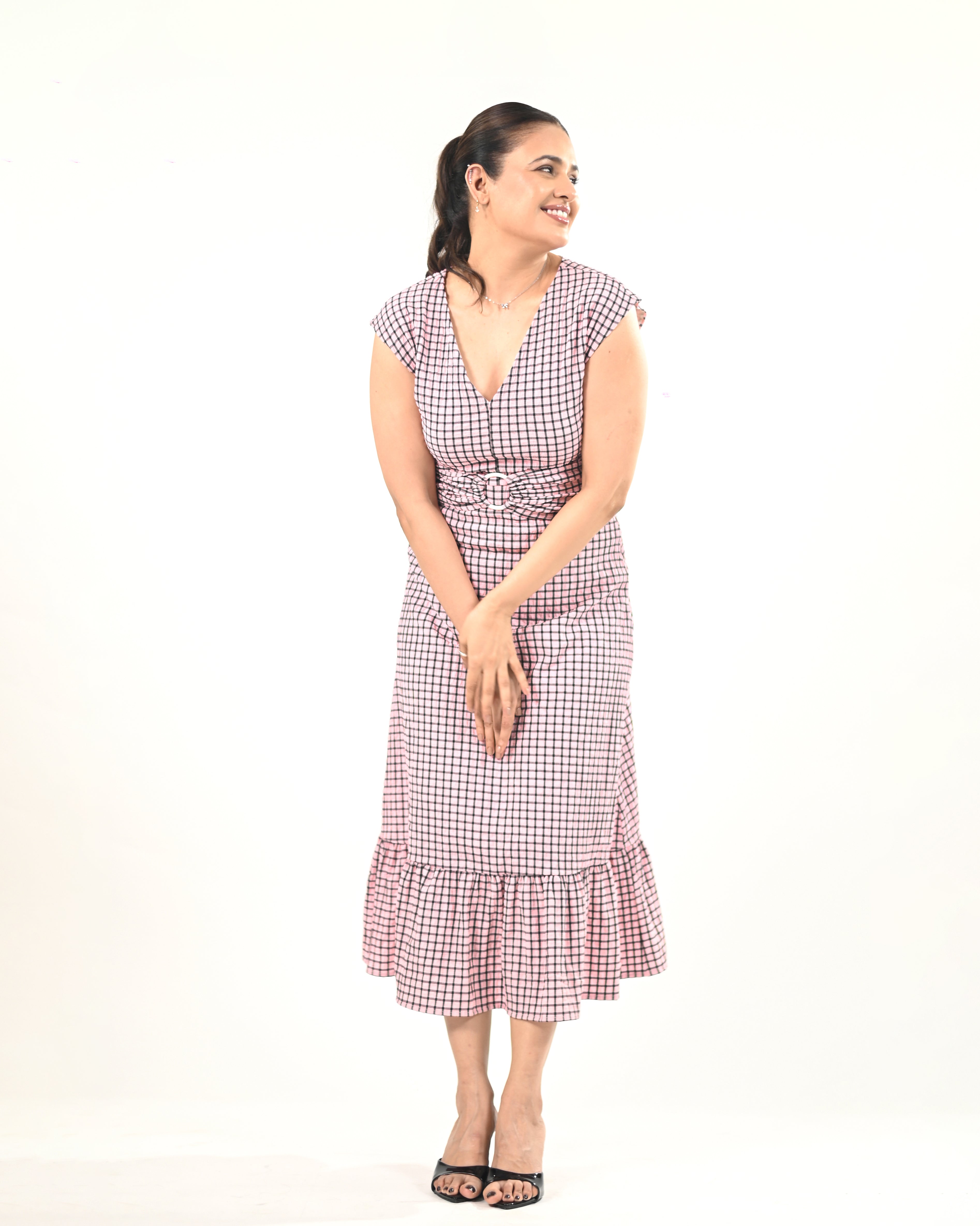 Blush Check Midi Dress