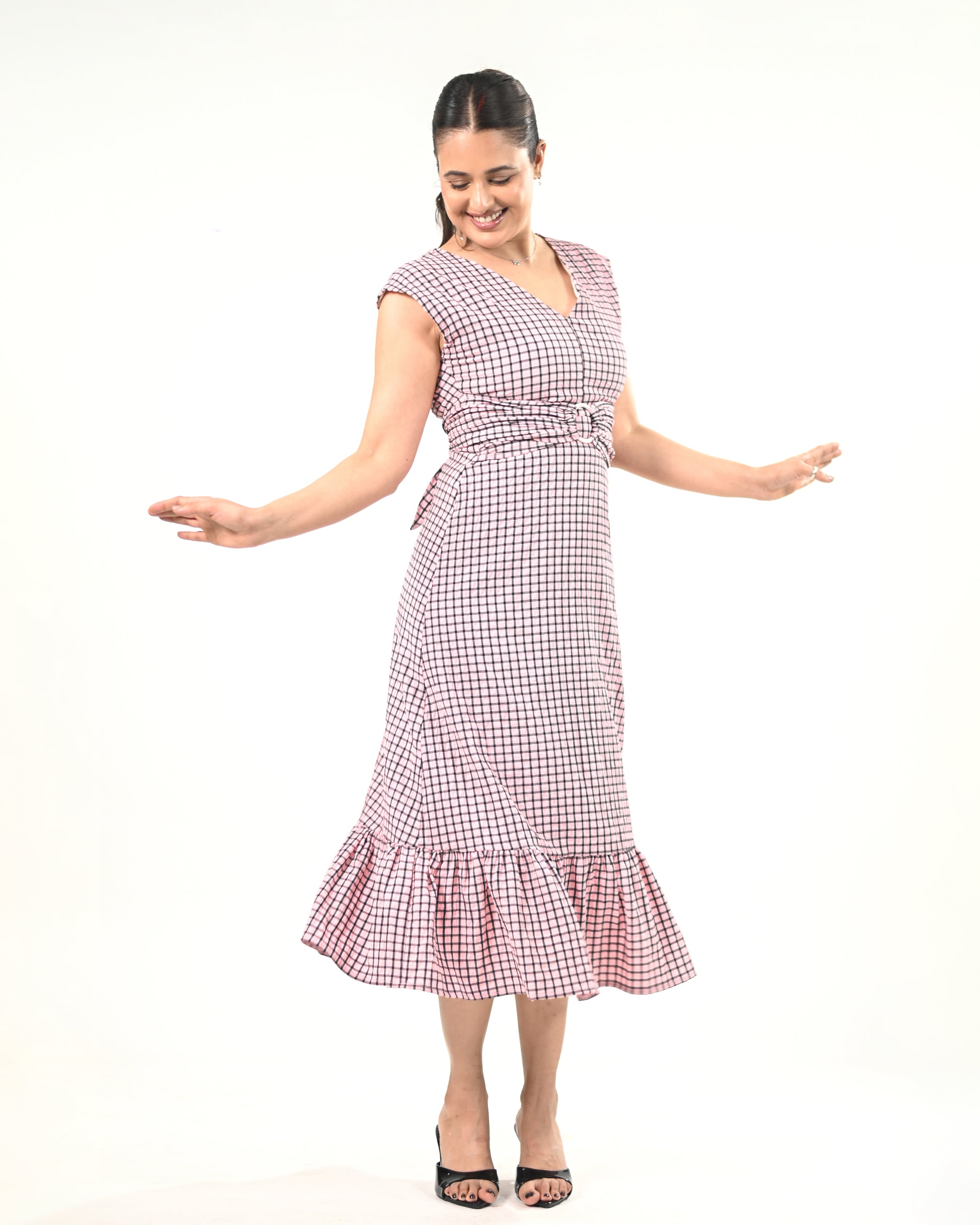 Blush Check Midi Dress