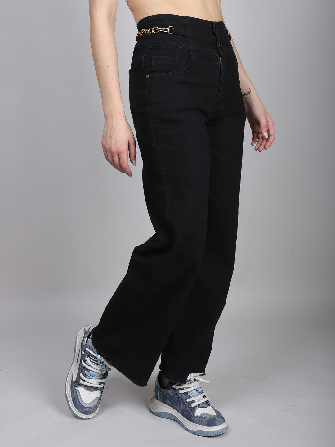 Black Double Button Denim Jeans