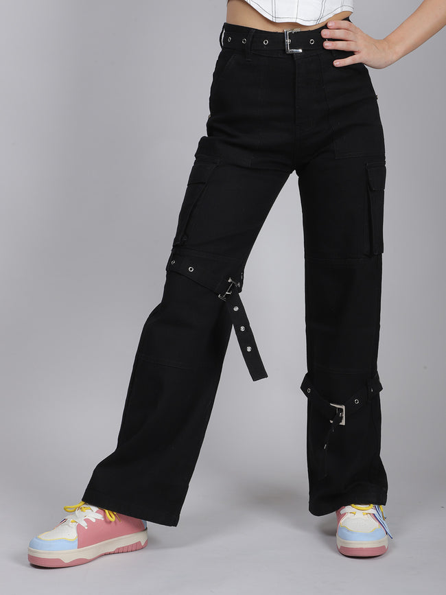 Black Belted Denim Jeans Hover Image