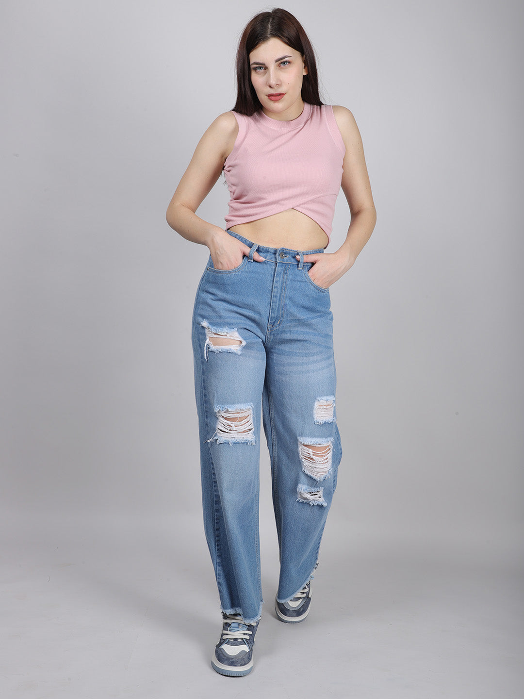Blue Straight Fit Cut-Out Ripped Denim Jeans