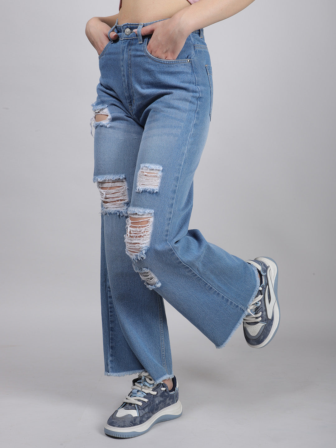 BLUE STRAIGHT FIT CUT-OUT RIPPED DENIM JEANS