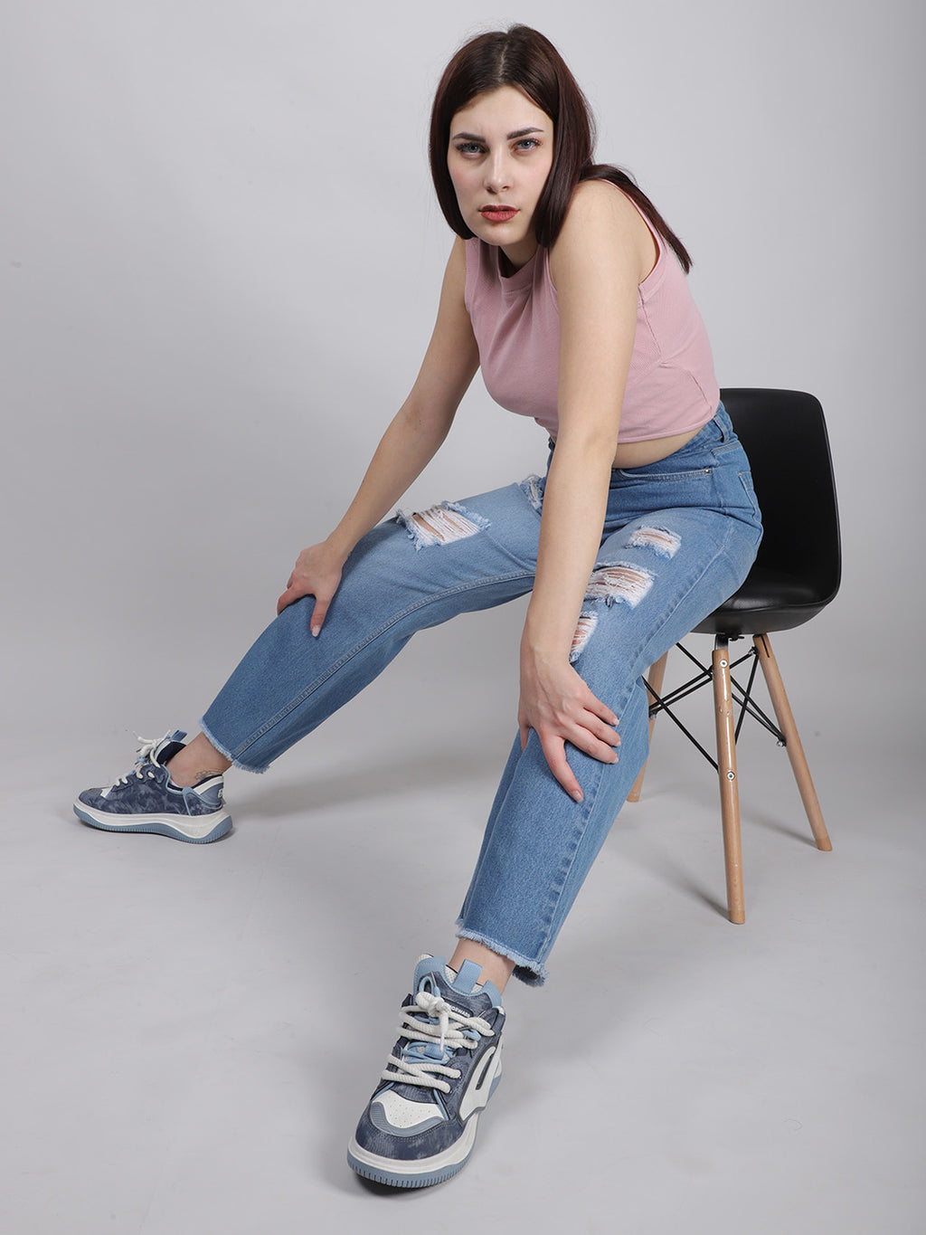 Blue Straight Fit Cut-Out Ripped Denim Jeans