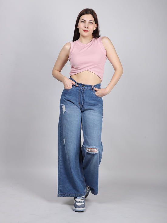 Blue Straight Fit Ripped Denim Jeans