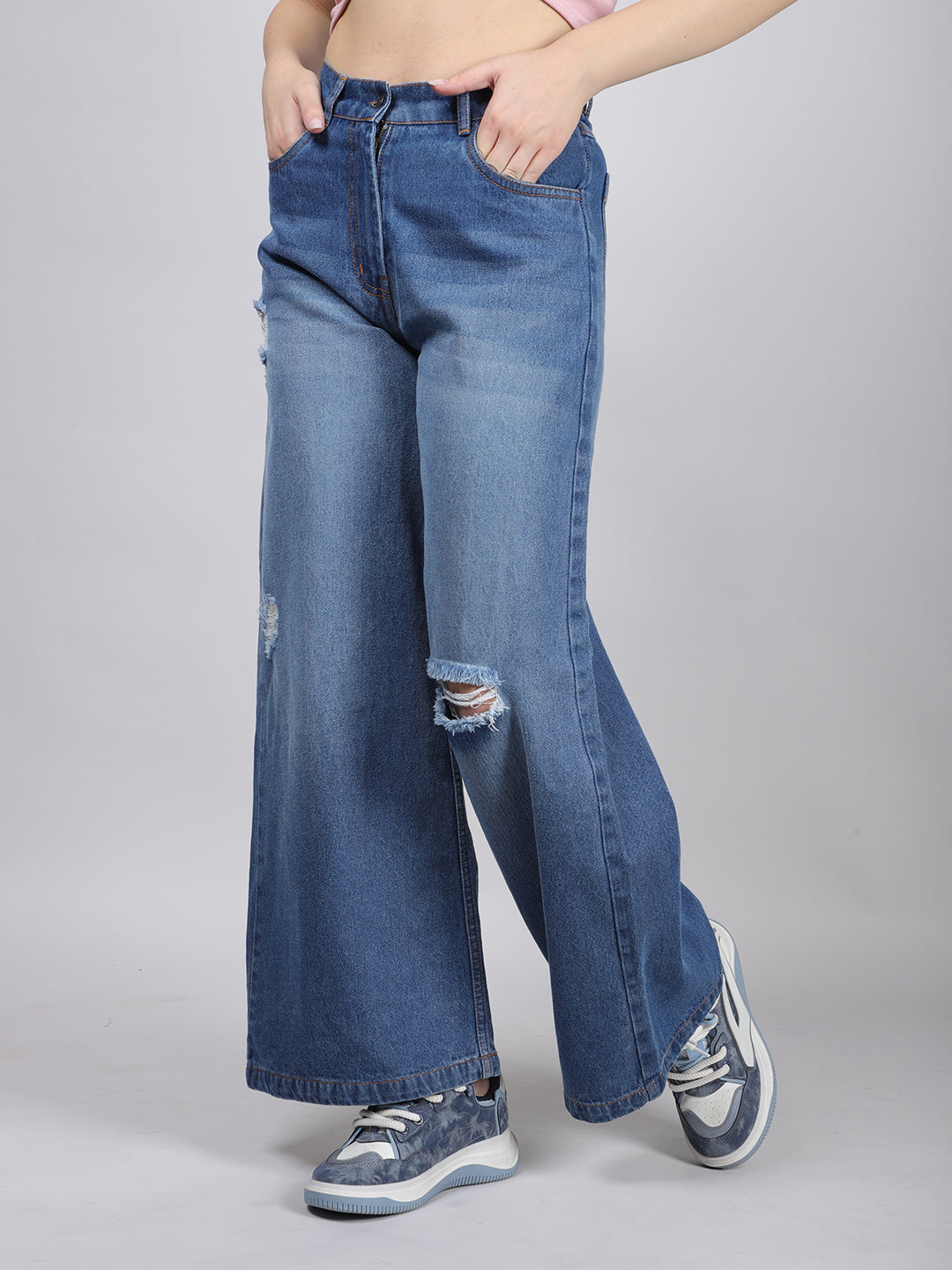 BLUE STRAIGHT FIT RIPPED DENIM JEANS