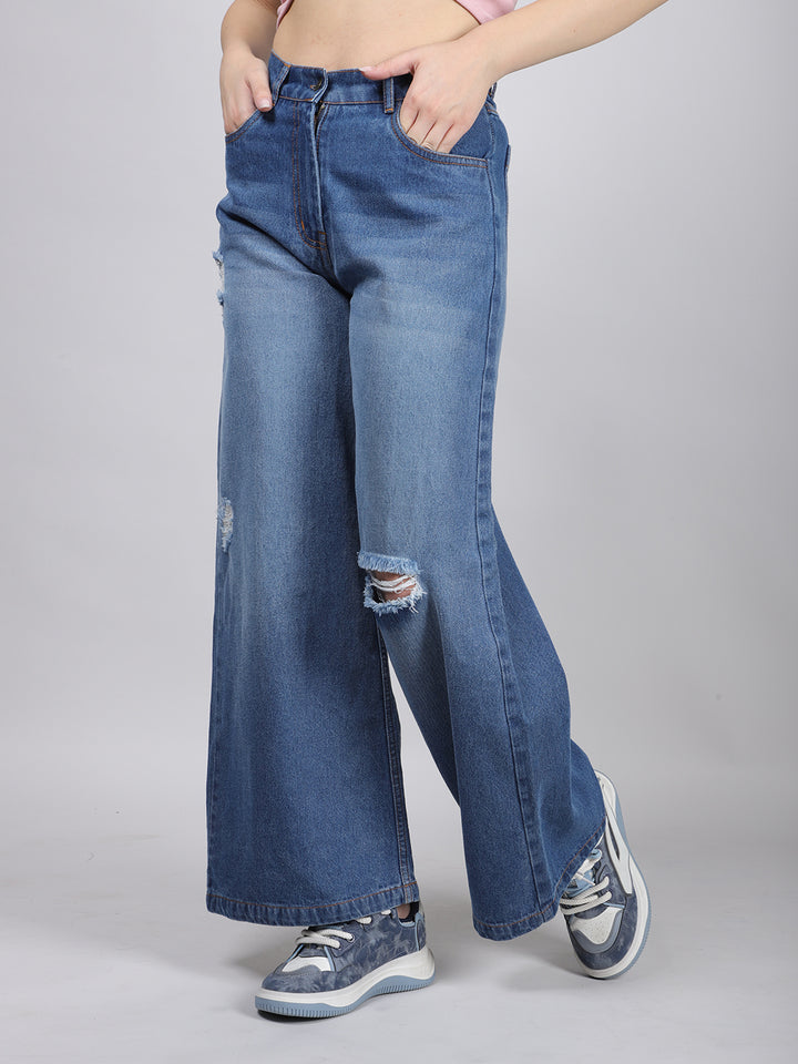 Blue Straight Fit Ripped Denim Jeans