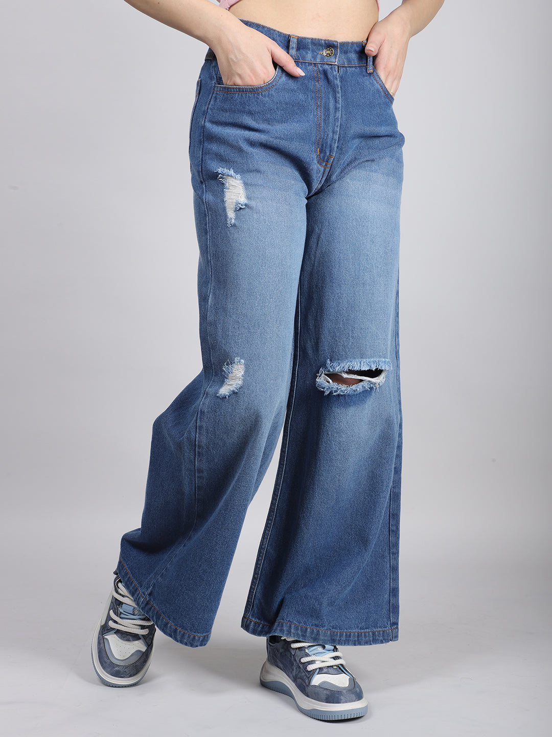 Blue Straight Fit Ripped Denim Jeans