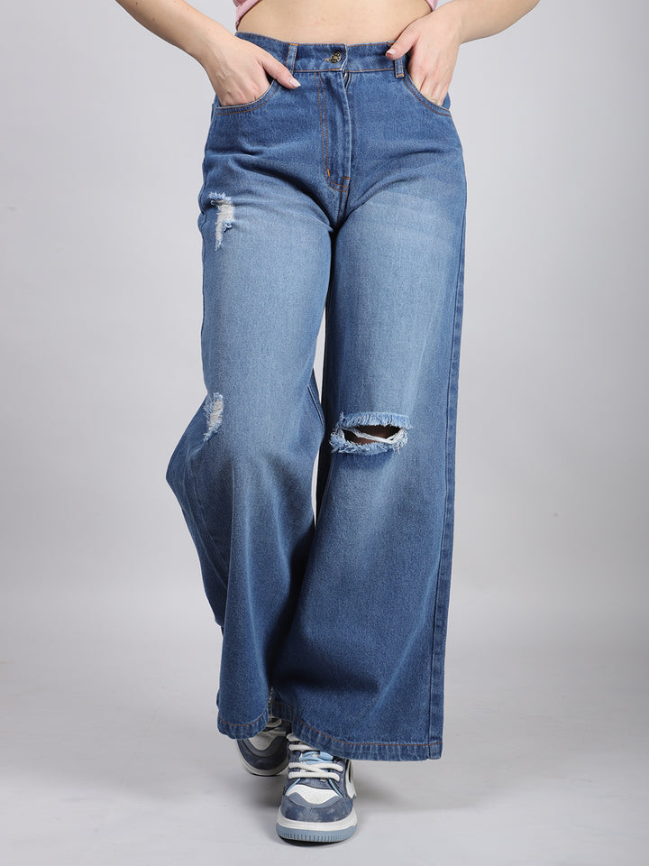 Blue Straight Fit Ripped Denim Jeans