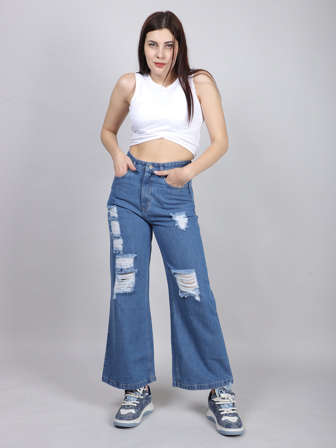 Blue Straight Fit Ripped Denim Jeans