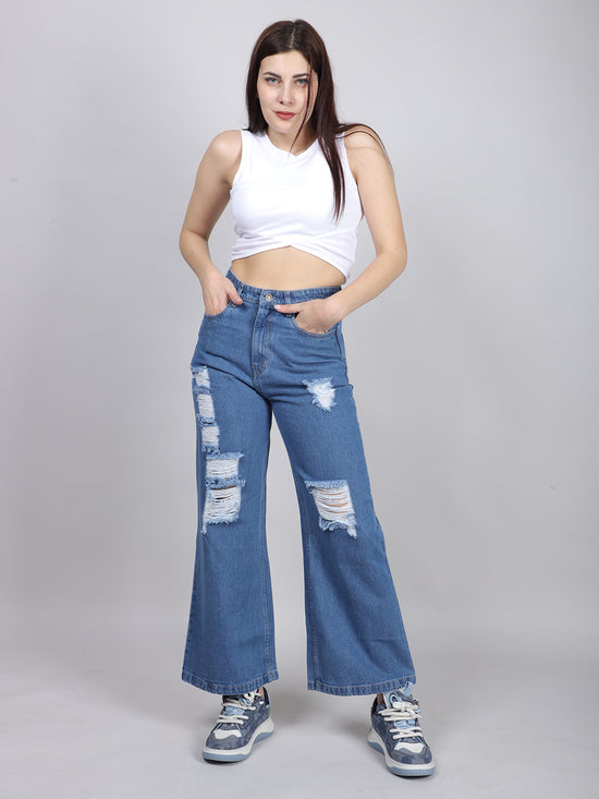 Blue Straight Fit Ripped Denim Jeans