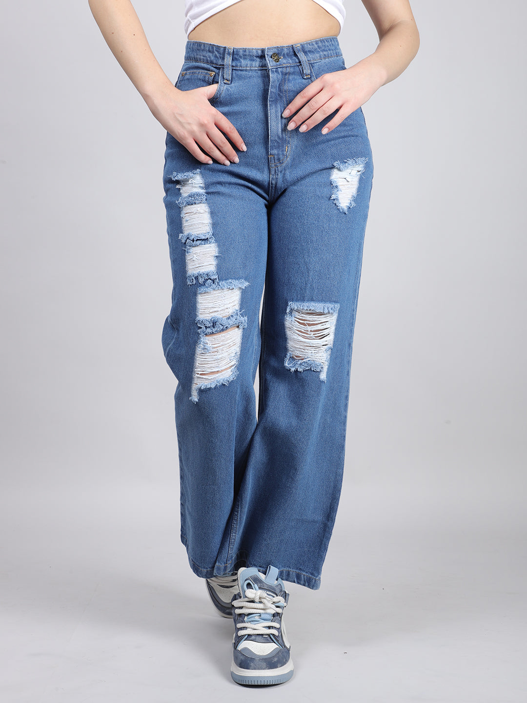 Blue Straight Fit Ripped Denim Jeans