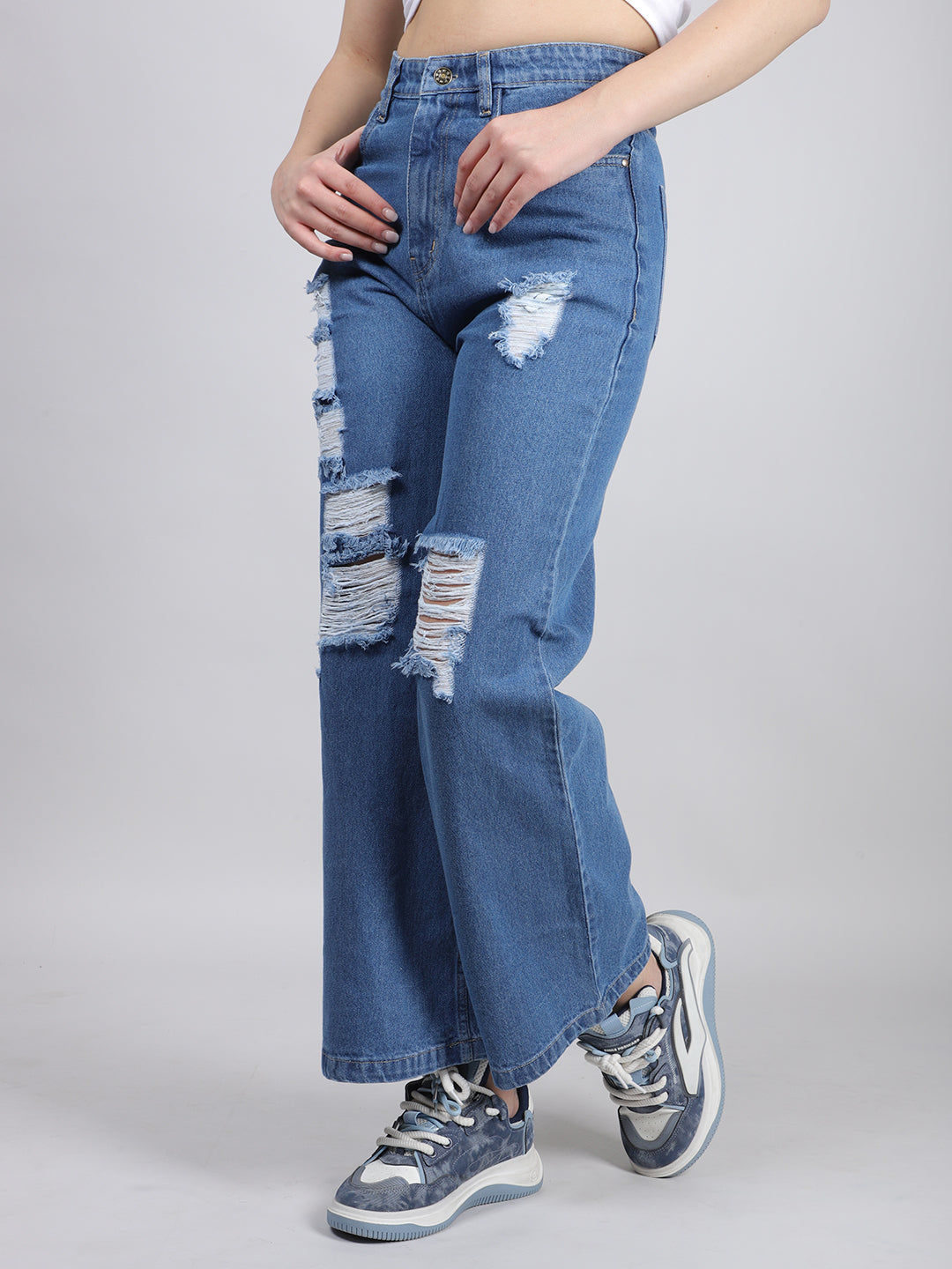 Blue Straight Fit Ripped Denim Jeans