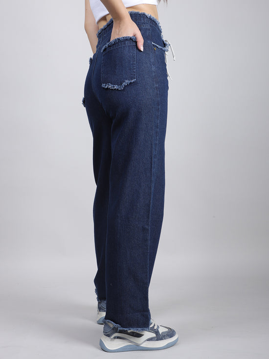 Front Drawstring Straight Jeans With Insert Pockets