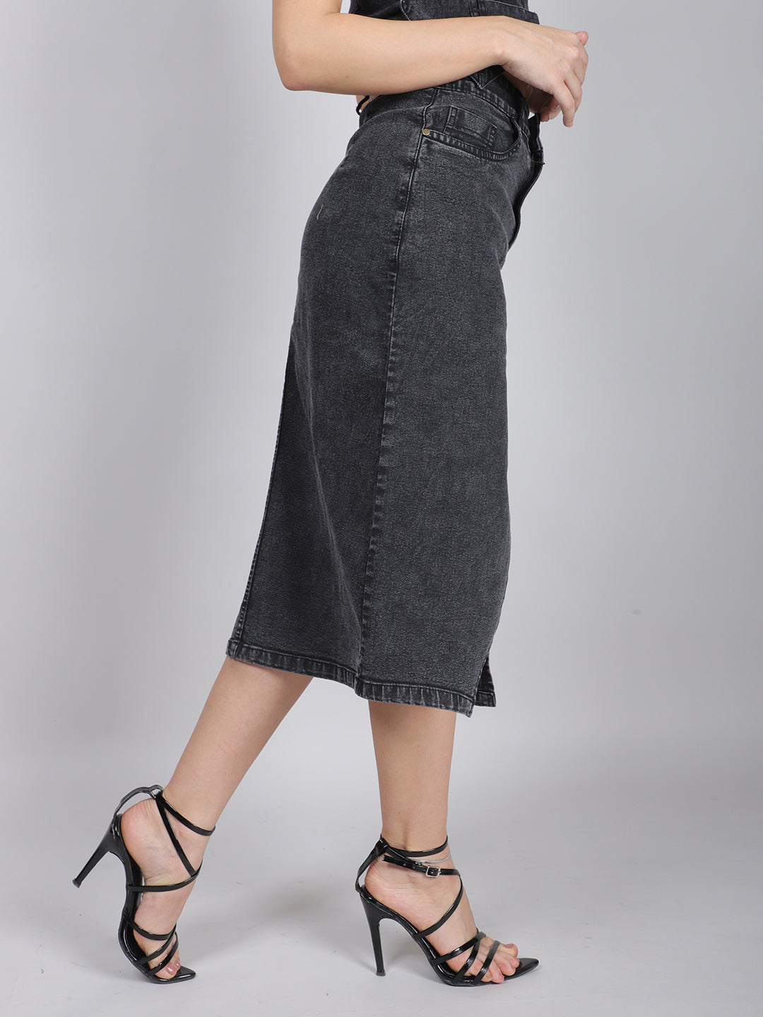 GREY DENIM PENCIL MAXI SKIRT