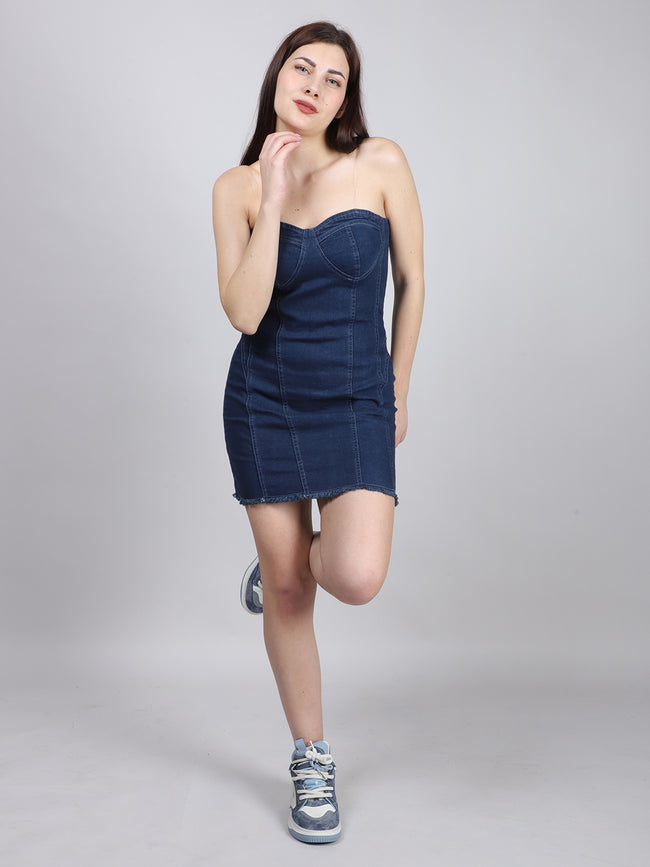 Striped Strapless Denim Bodycon Mini Dress Hover Image