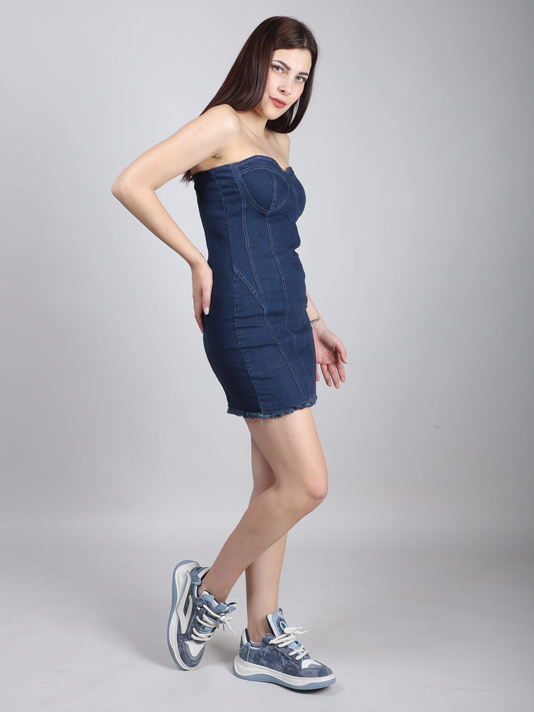 Striped Strapless Denim Bodycon Mini Dress