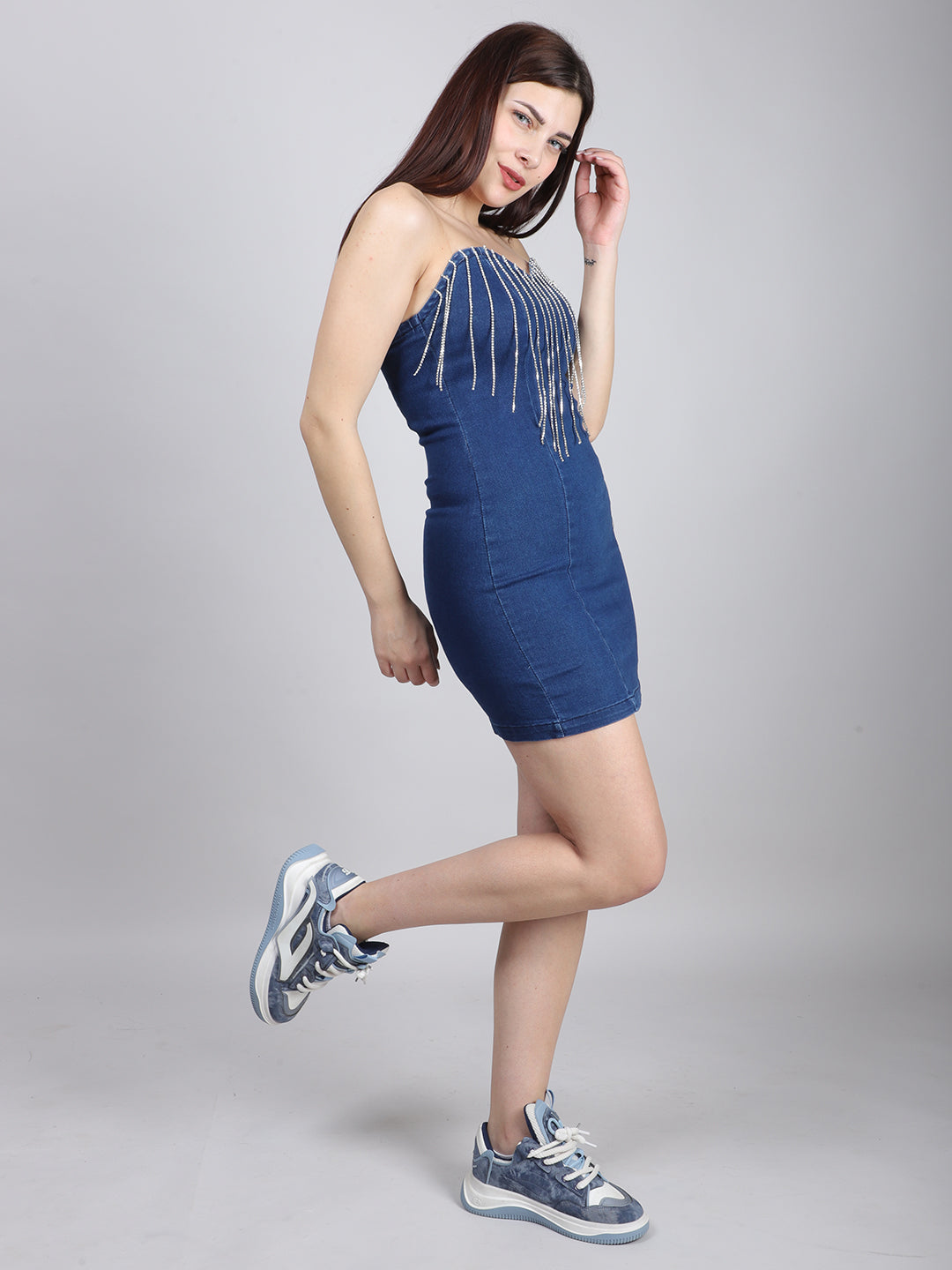 RHINESTONE CHAIN EMBELLISHED DENIM MINI DRESS