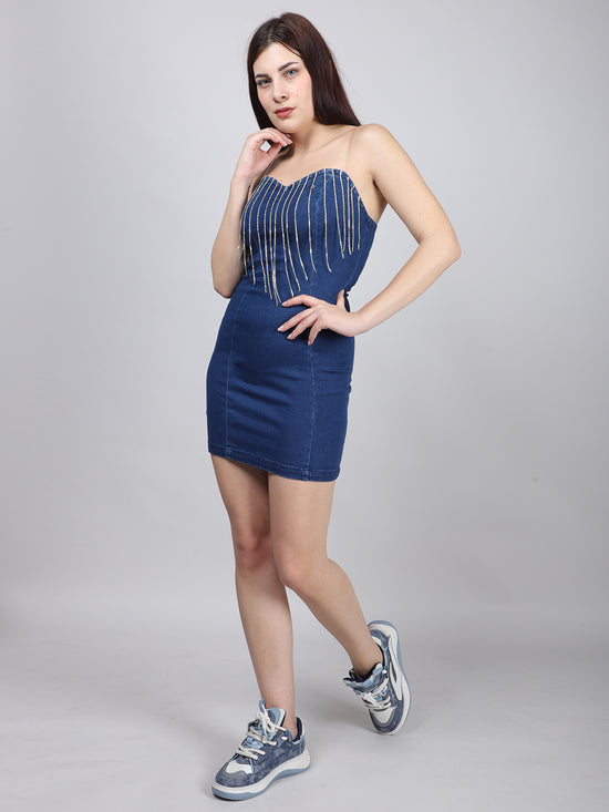 Rhinestone Chain Embellished Denim Mini Dress