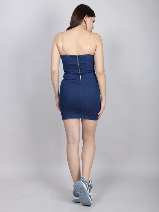 Rhinestone Chain Embellished Denim Mini Dress
