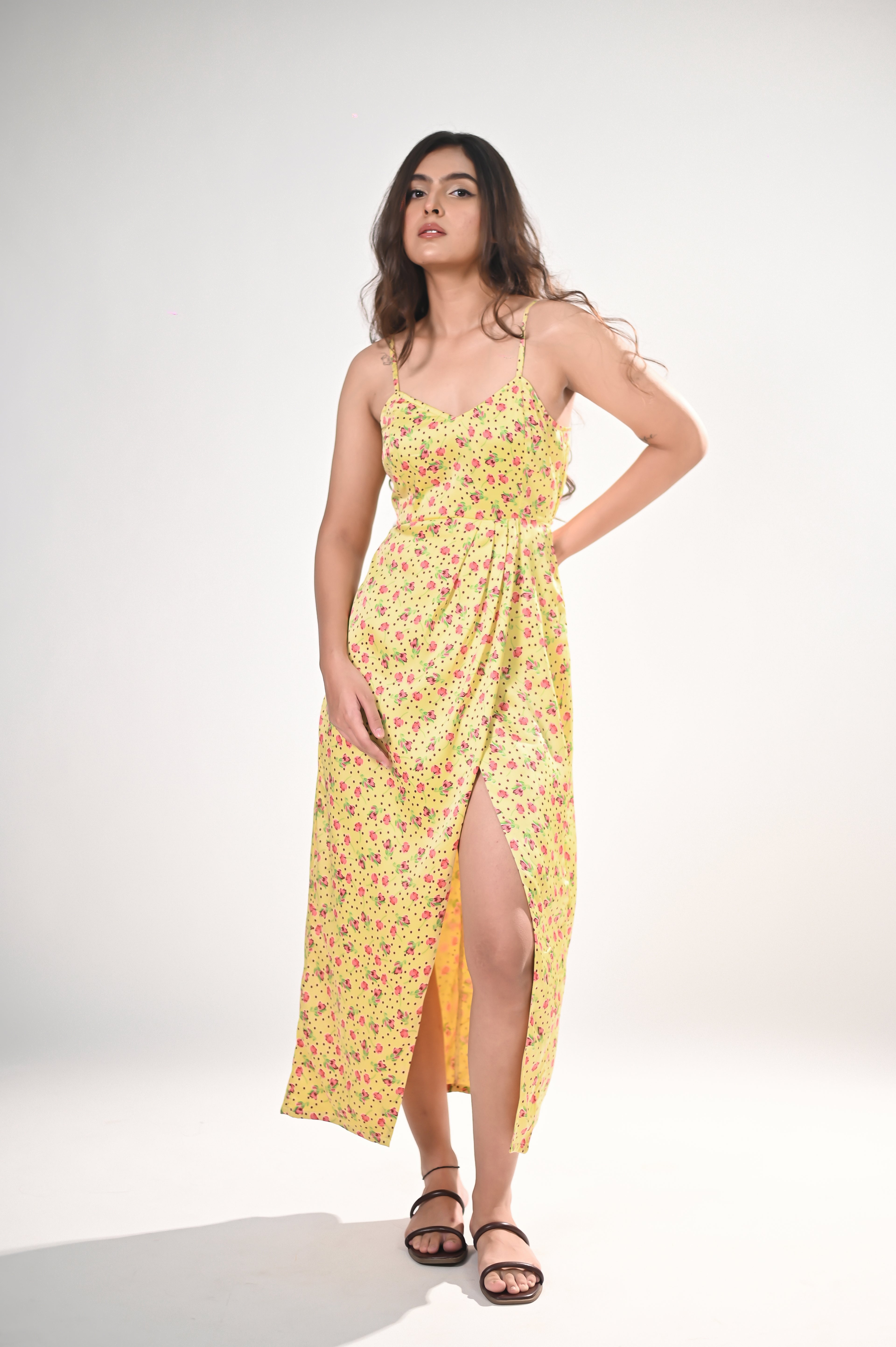 Draped Tulip-Print Maxi Dress
