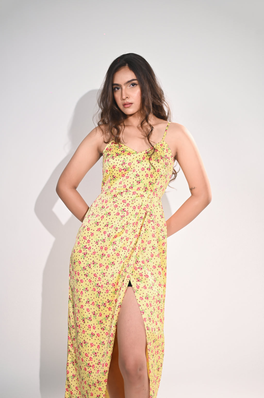 Draped Tulip-Print Maxi Dress