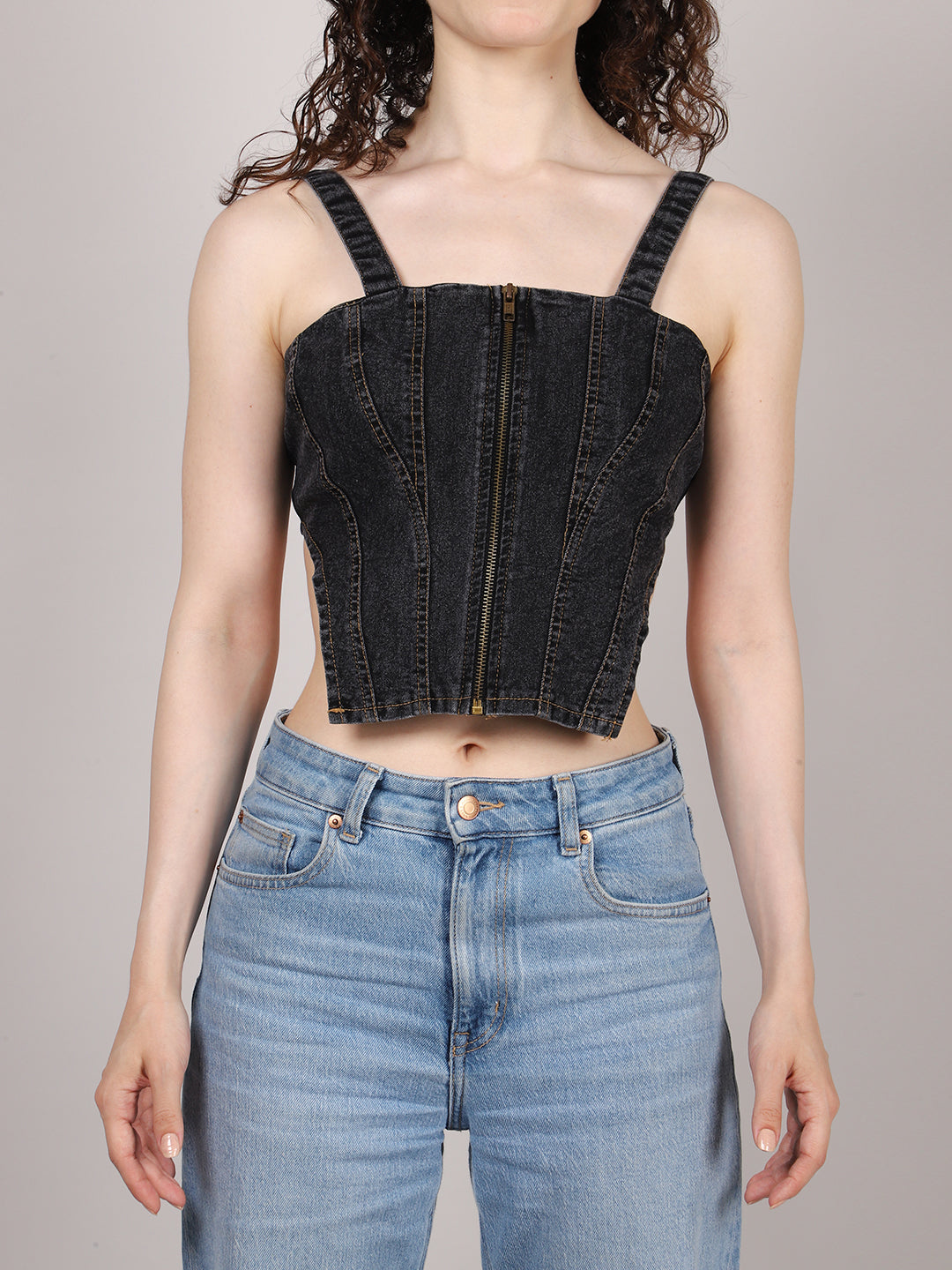 ZIP UP SLLEVELESS DENIM CROP TOP