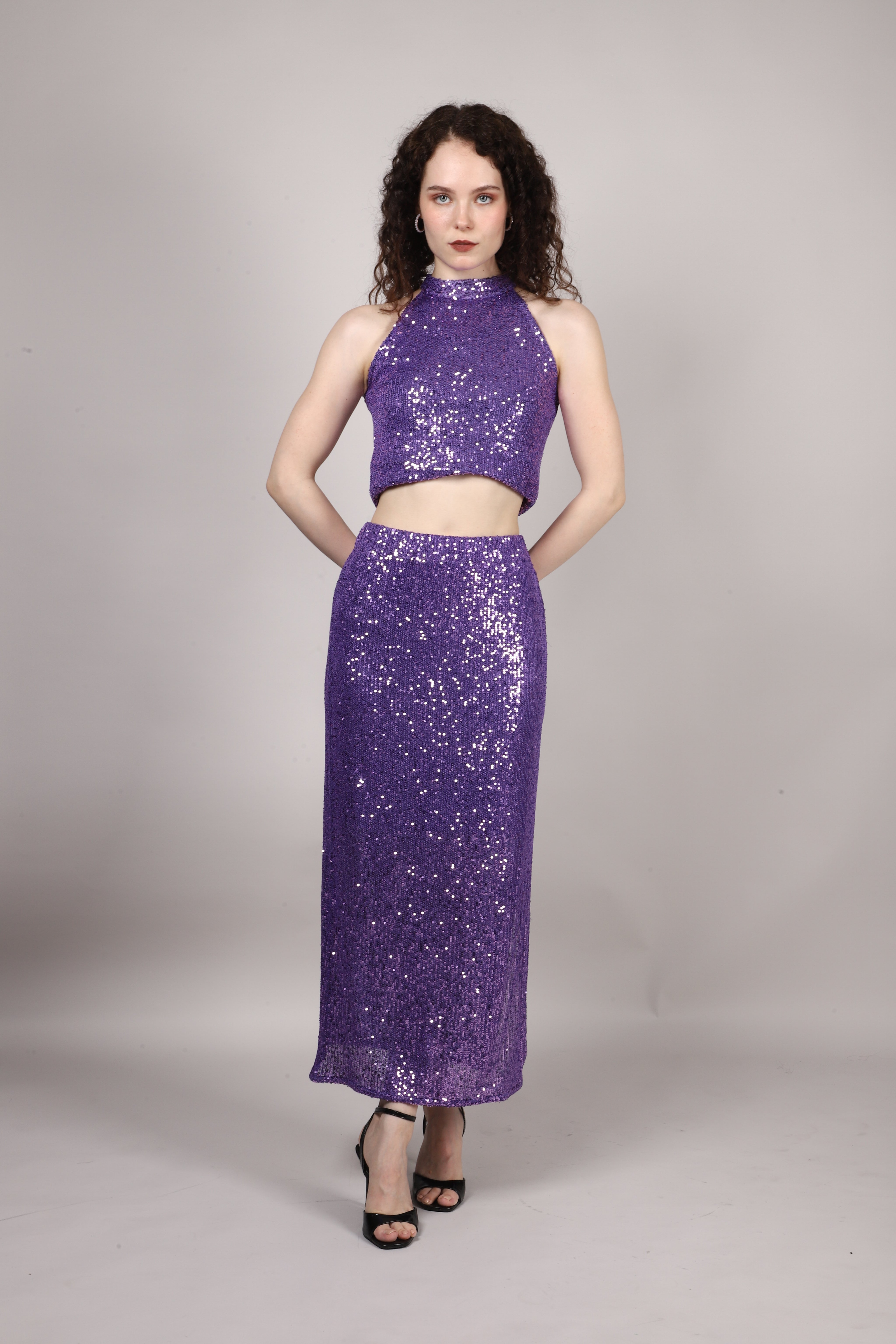 Purple Sequins Side Slit Skirt
