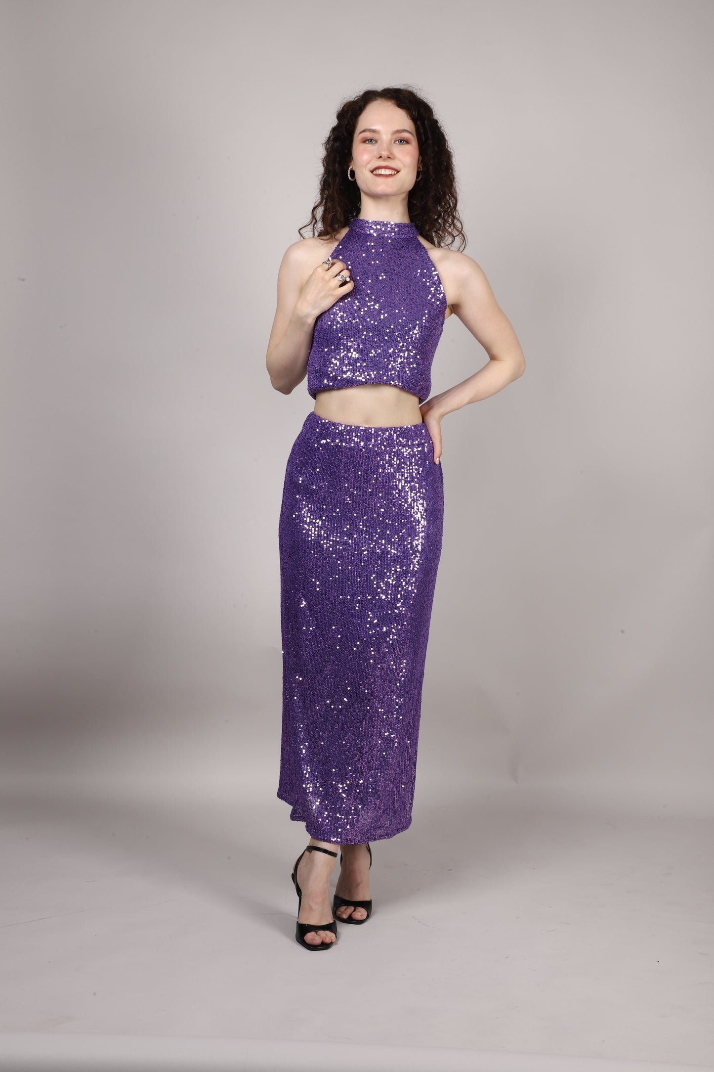Purple Sequins Side Slit Skirt