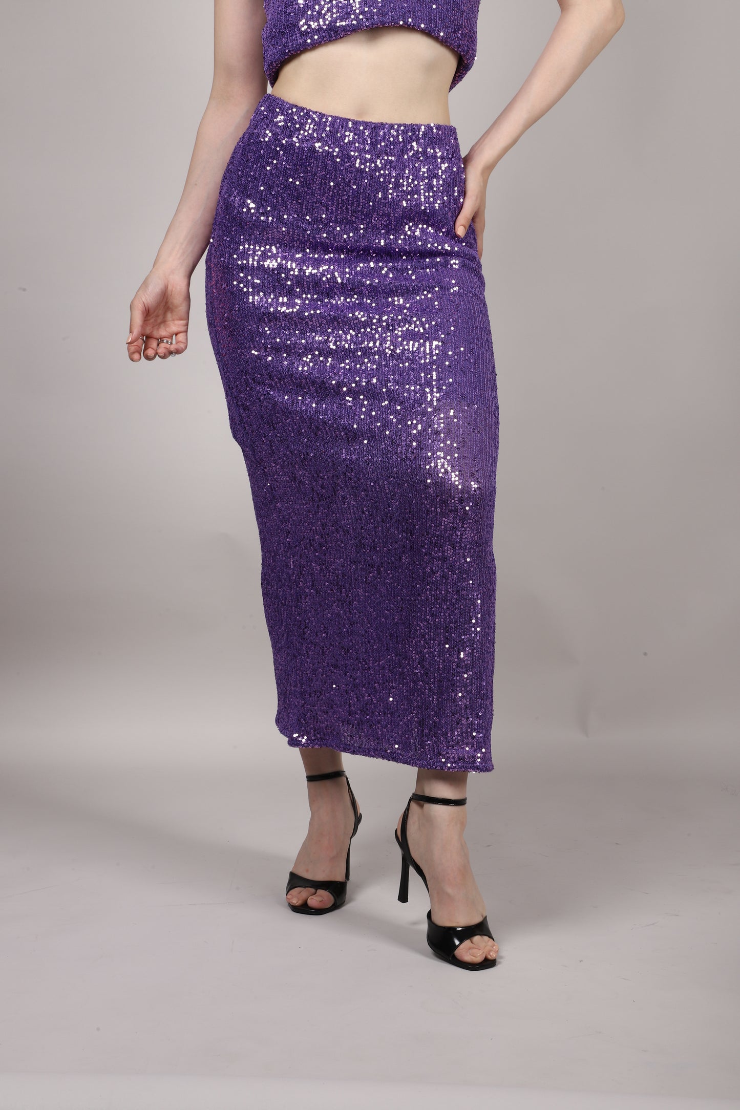 Purple Sequins Side Slit Skirt
