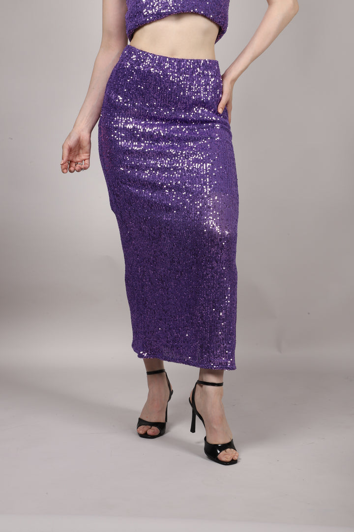Purple Sequins Side Slit Skirt