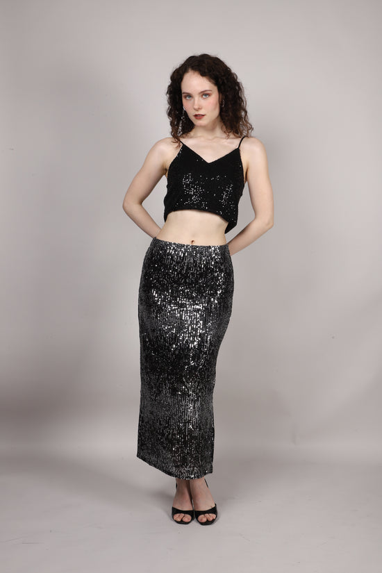 Black Sequins Side Slit Skirt