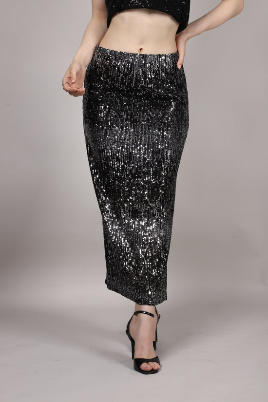 Black Sequins Side Slit Skirt