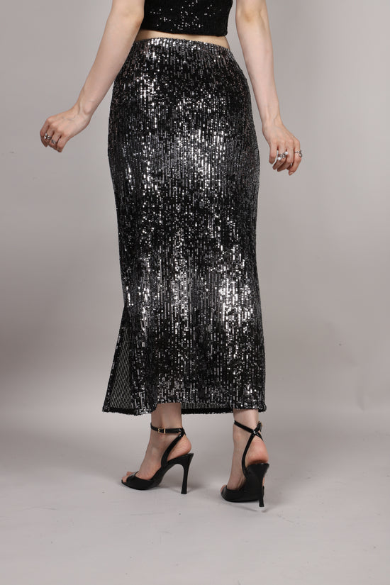 Black Sequins Side Slit Skirt