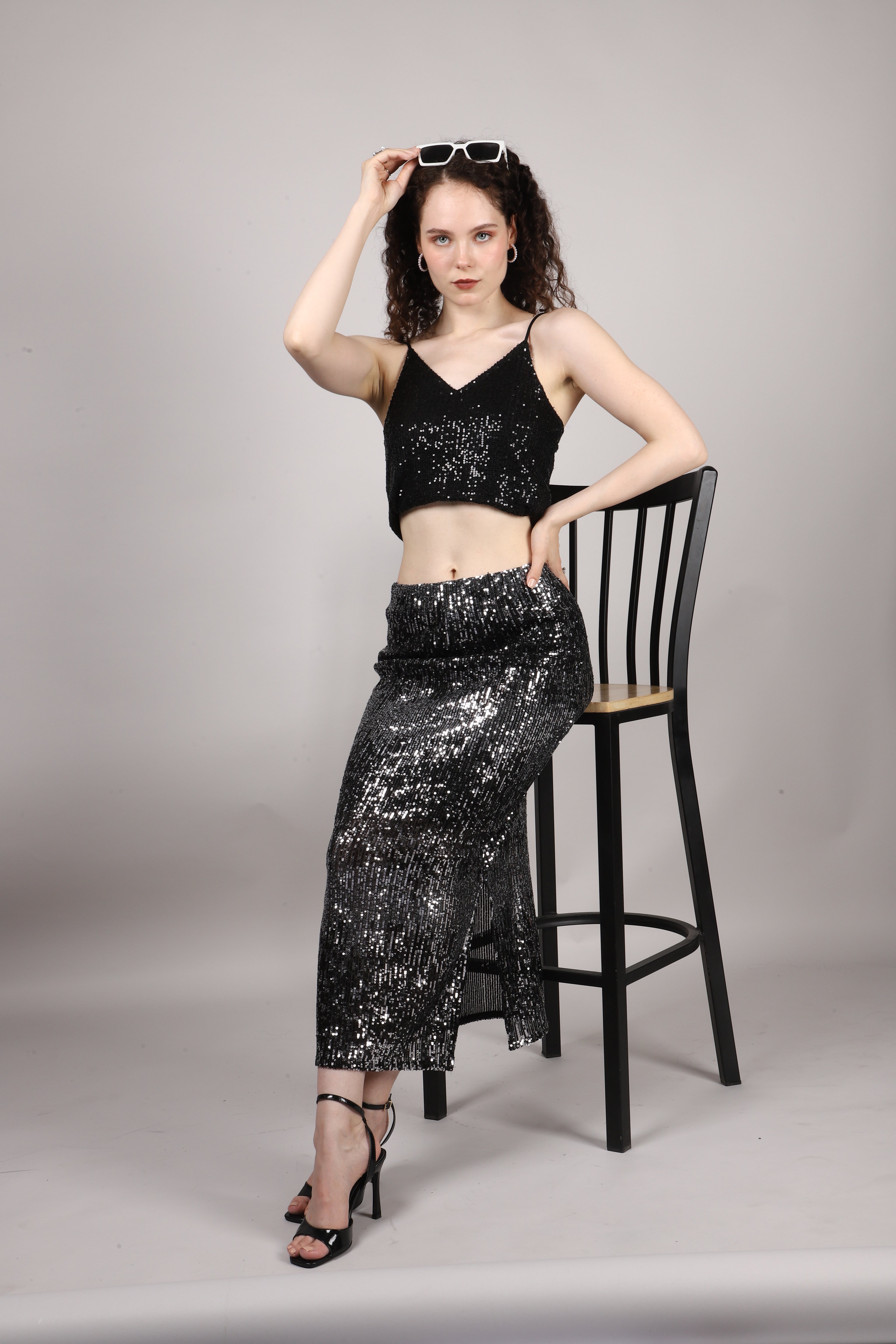 Black Sequins Side Slit Skirt