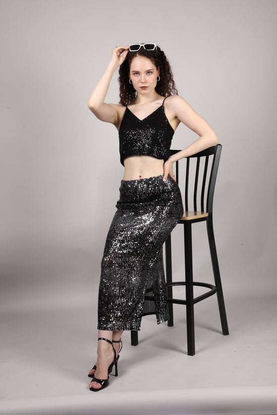 Black Sequins Side Slit Skirt