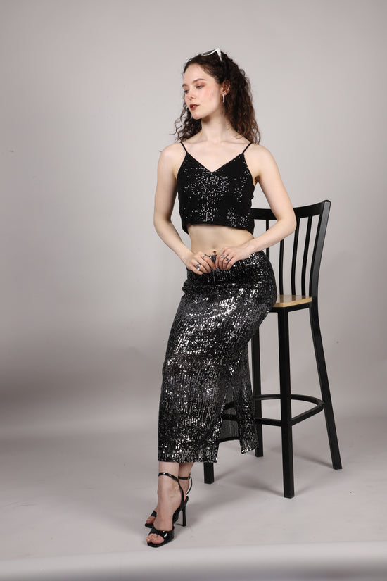 Black Sequins Side Slit Skirt