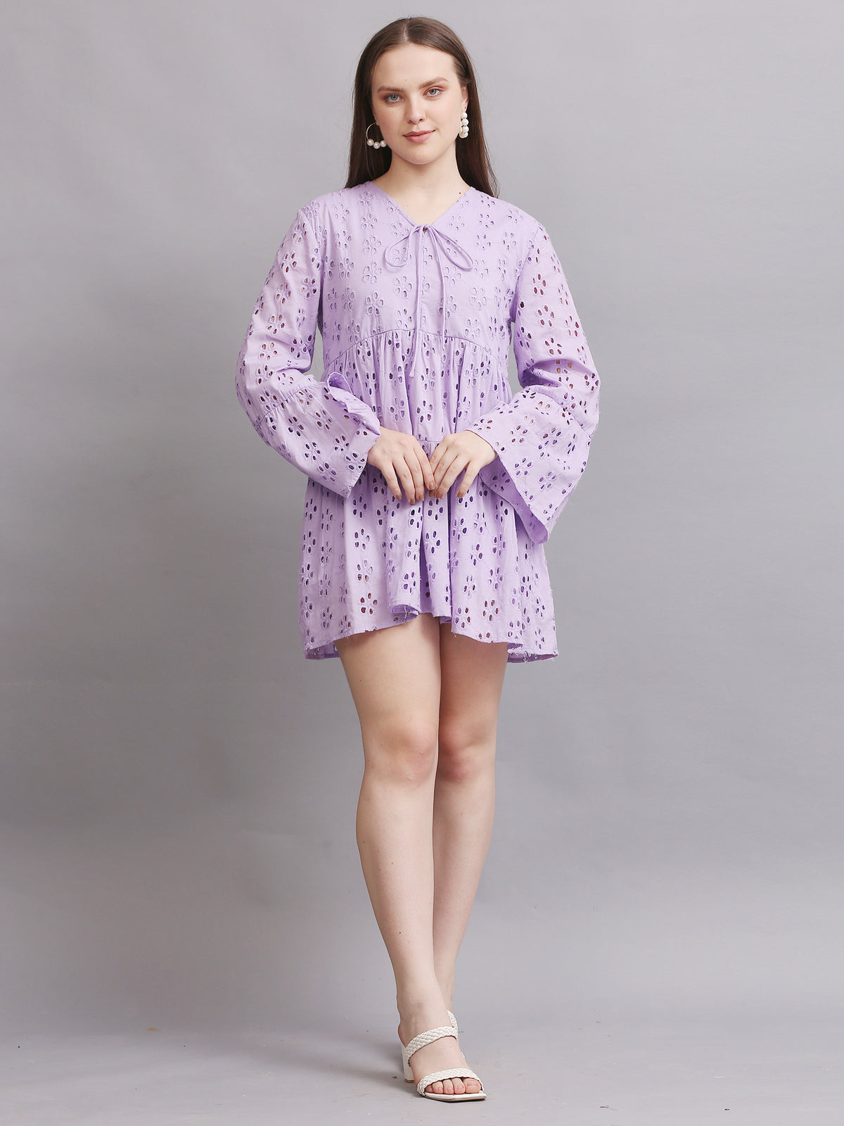 Lavender Schiffli Sleeve Mini Dress