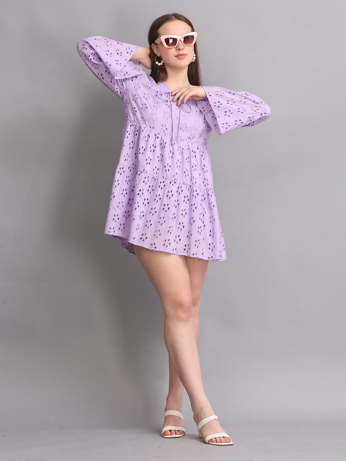 LAVENDER SCHIFFLI SLEEVE MINI DRESS