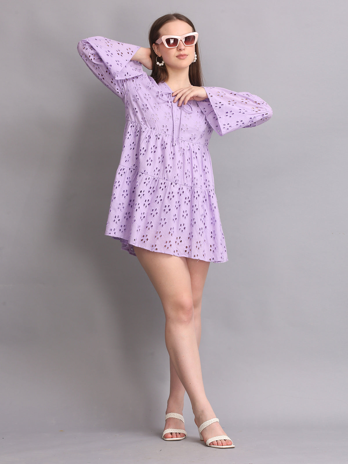 Lavender Schiffli Sleeve Mini Dress