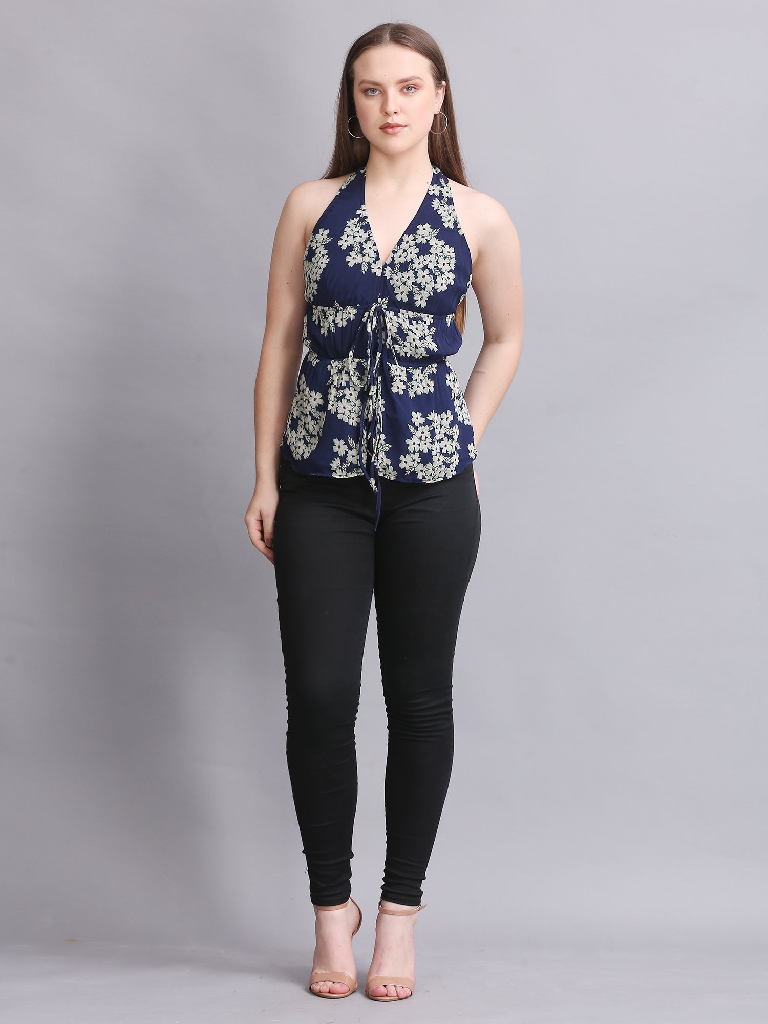Navy Floral Halter Neck Tie Top