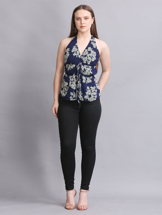 Navy Floral Halter Neck Tie Top